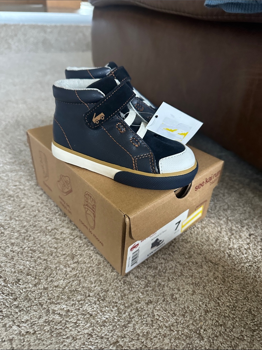 See Kai Run Navy, White and Tan High-Top Sneakers for Kids size 7 NEW